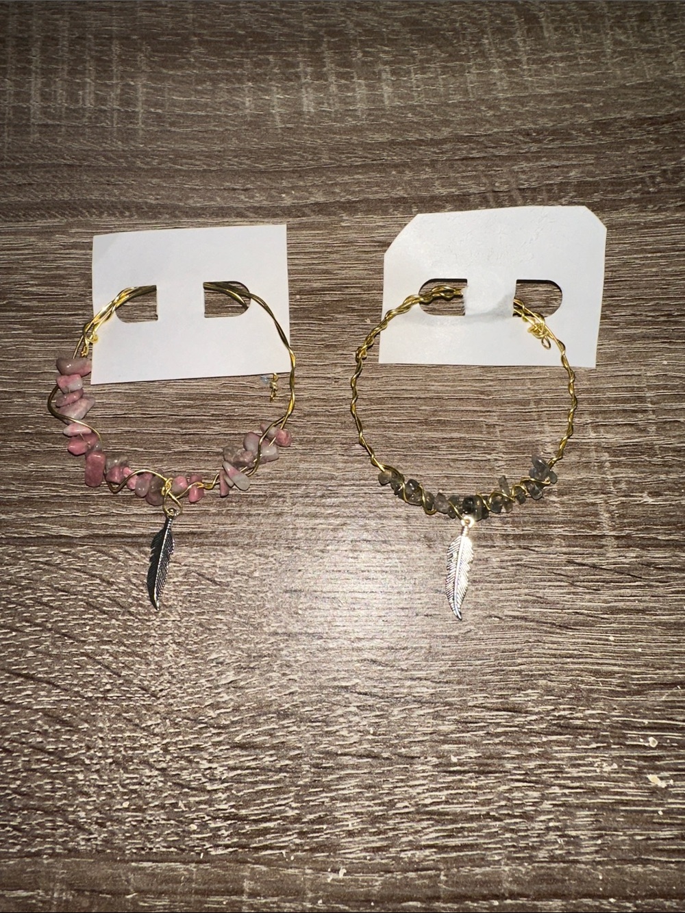 Lorena Espinoza Design Pink and Gray Beaded Feather Hoop Bracelets